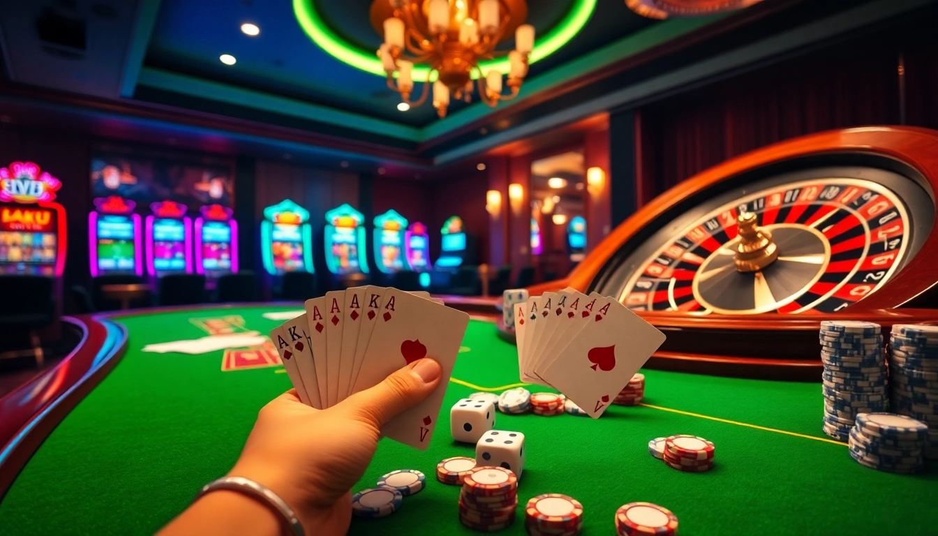 Experience thrilling action at https://mm88.agency/ with a vibrant casino setup featuring poker tables and roulette wheels.