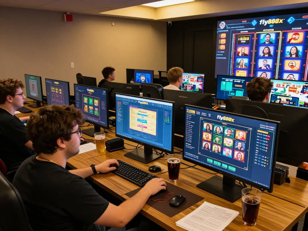 Player experiencing dynamic online gaming on fly888x app with multiple screens in a cozy setting