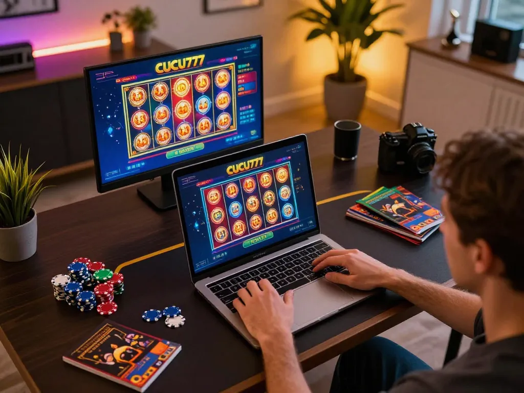 Engage with CUCU777 online gaming experience at home, showcasing vibrant slots and live dealer games