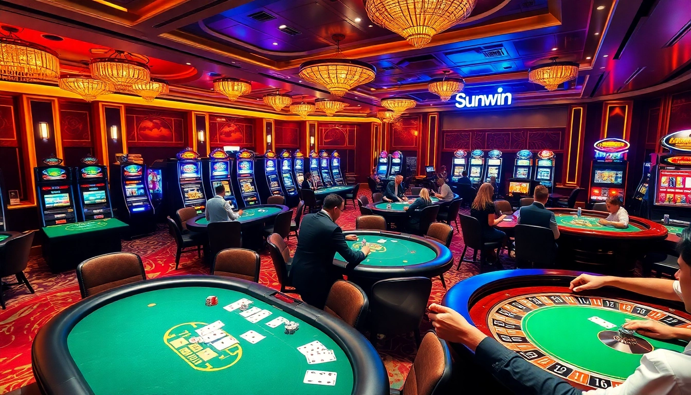 Experience thrilling casino gameplay at Sunwin with poker tables and lively slot machines.