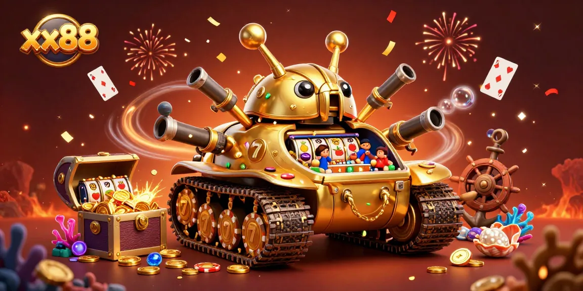 Engage with the vibrant gaming scene of xx88 featuring a golden beetle tank revealing a mini casino.
