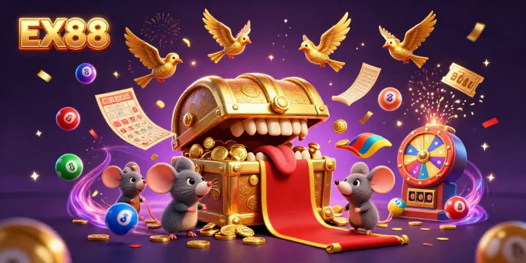 Spin to win at EX88 with colorful lottery balls and the treasure chest enticing players.