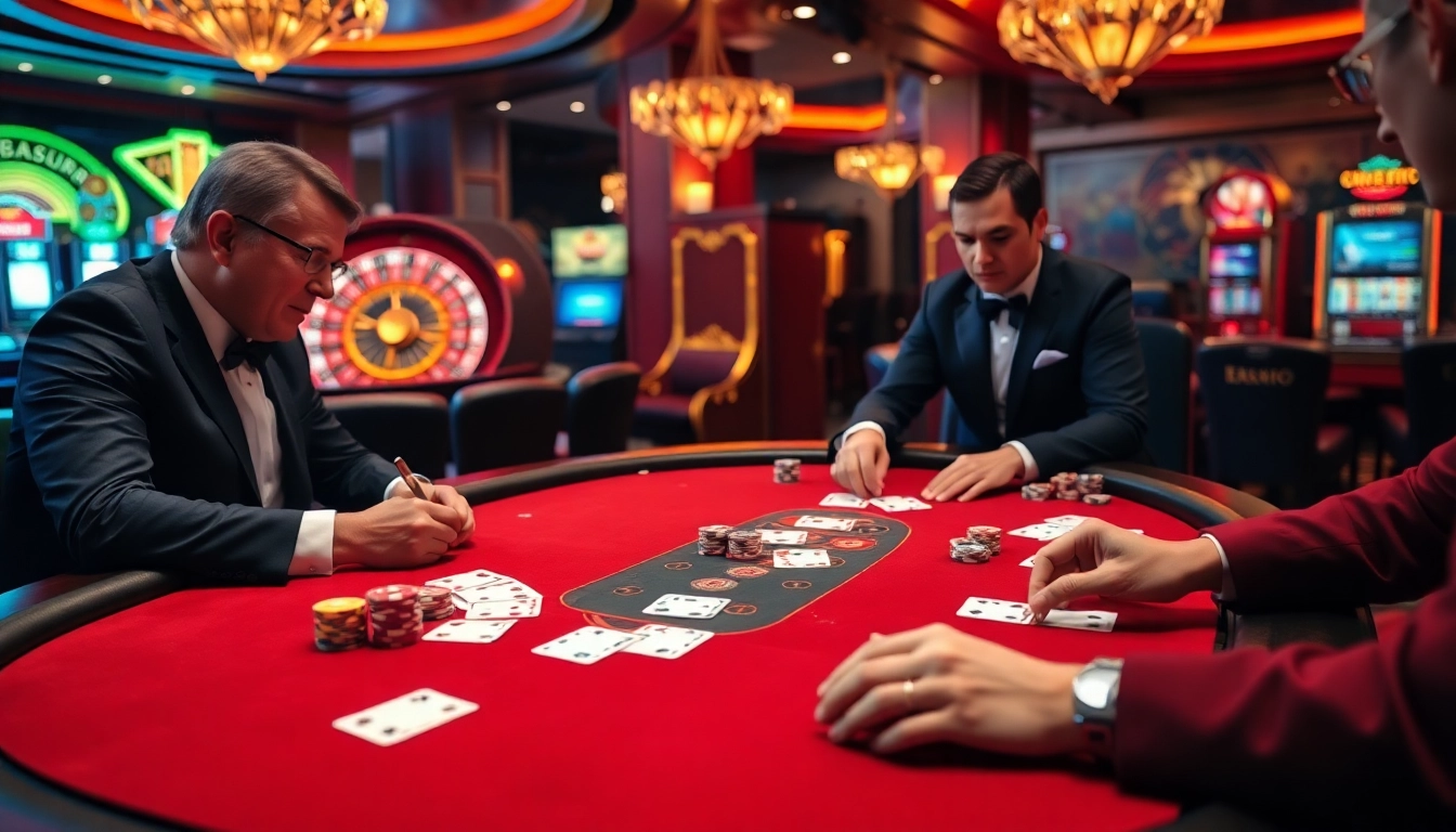 Experience high-stakes poker action at KU88's luxurious casino setup, featuring vibrant lights and engaging players.