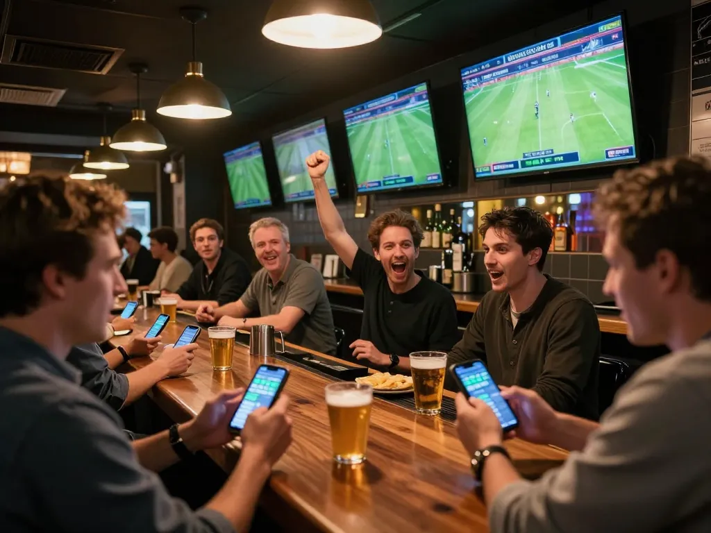 Engaged patrons analyzing football strategies and placing bets during a match, showcasing การวิเคราะห์ฟุตบอล at its best in social gambling.