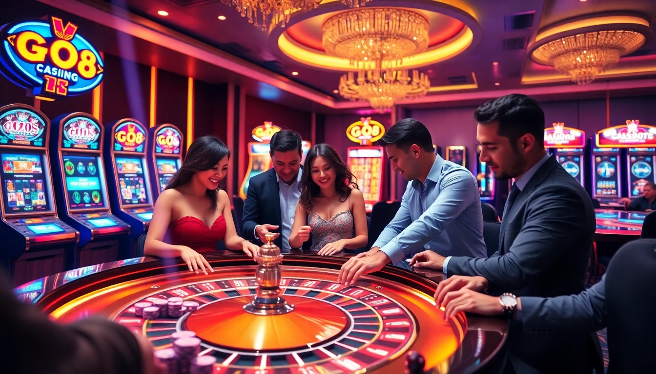 Go88 players enjoying an exciting casino atmosphere with roulette and poker games.