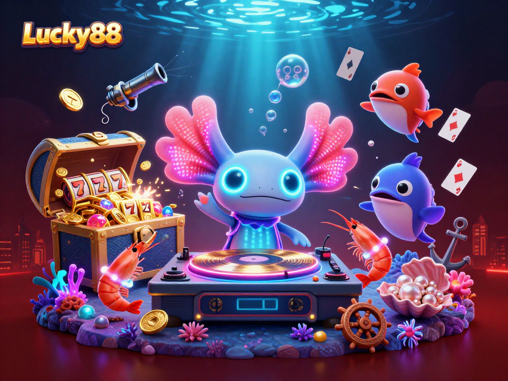 Experience the Lucky88 excitement with vibrant characters, slot reels, and gold coins in this underwater scene.