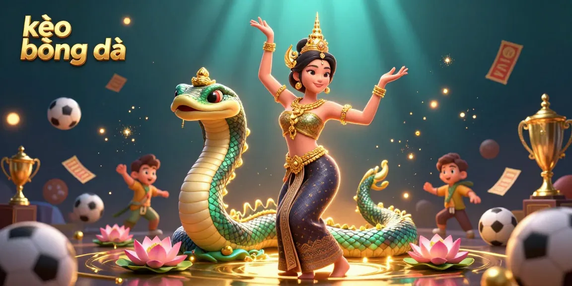 Engage with kèo bóng đá dynamic sports betting elements surrounding traditional Thai dancer and Naga serpent.