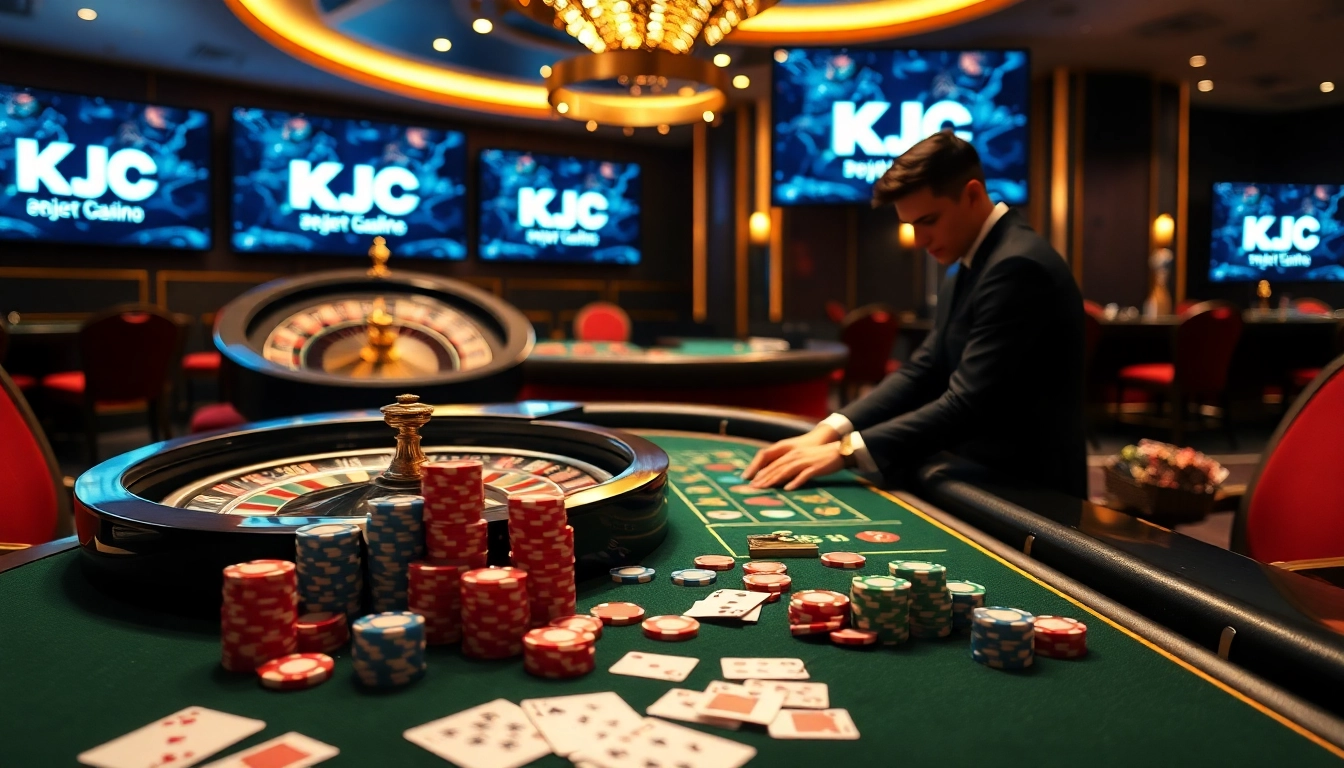 KJC gaming experience featuring vibrant poker chips and cards on a luxurious casino table.