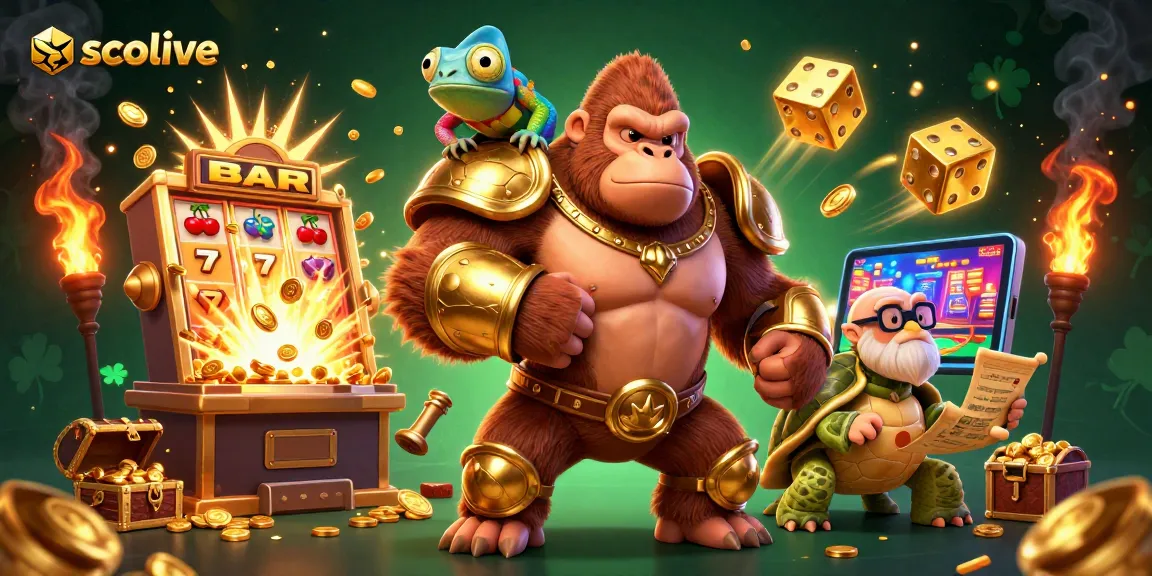 Socolive showcases powerful gorilla king in golden armor with a chameleon and wise tortoise in a rich casino scene with jackpot visuals.