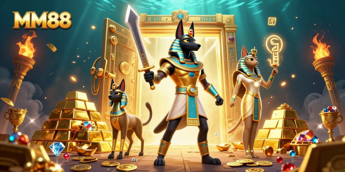 Engage in MM88's vibrant gaming scene with Anubis and Bastet amid dazzling treasures.