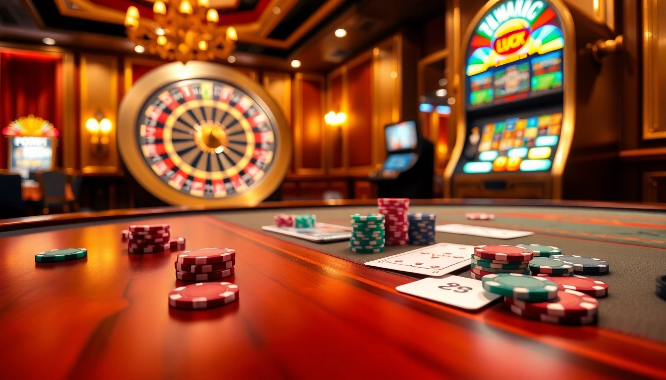 Experience the thrilling luck8 atmosphere with vibrant poker chips and a gleaming roulette wheel.