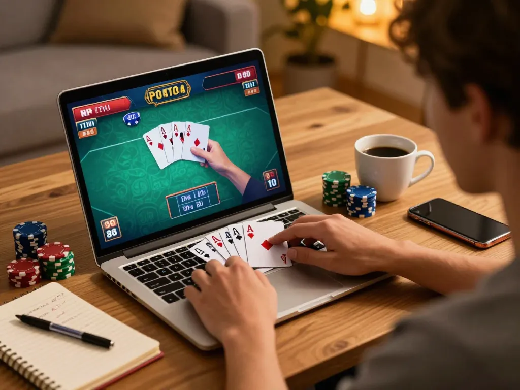 Engaging player enjoying nk88 poker game on laptop, showcasing strategic online gambling.