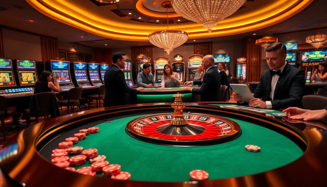 Engage with the excitement of gambling at https://co88us.net/ with a luxurious casino scene showcasing roulette and high-end gaming tables.