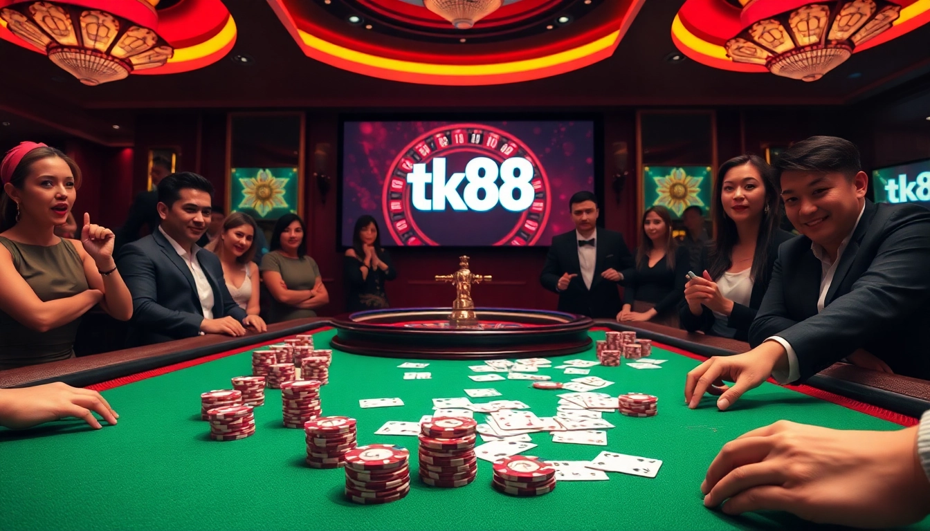 Engaging in high-stakes poker at a luxurious tk88 casino table with vibrant cards and chips.