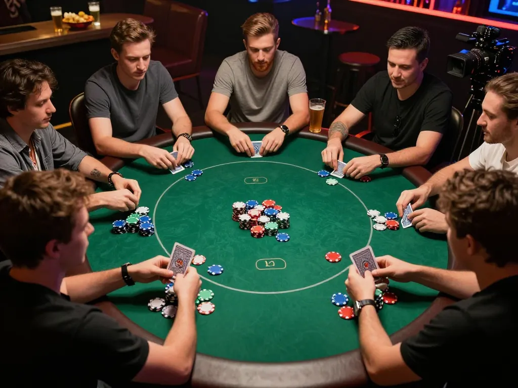 B52Club players strategizing in a vibrant poker game, showcasing chips and cards.