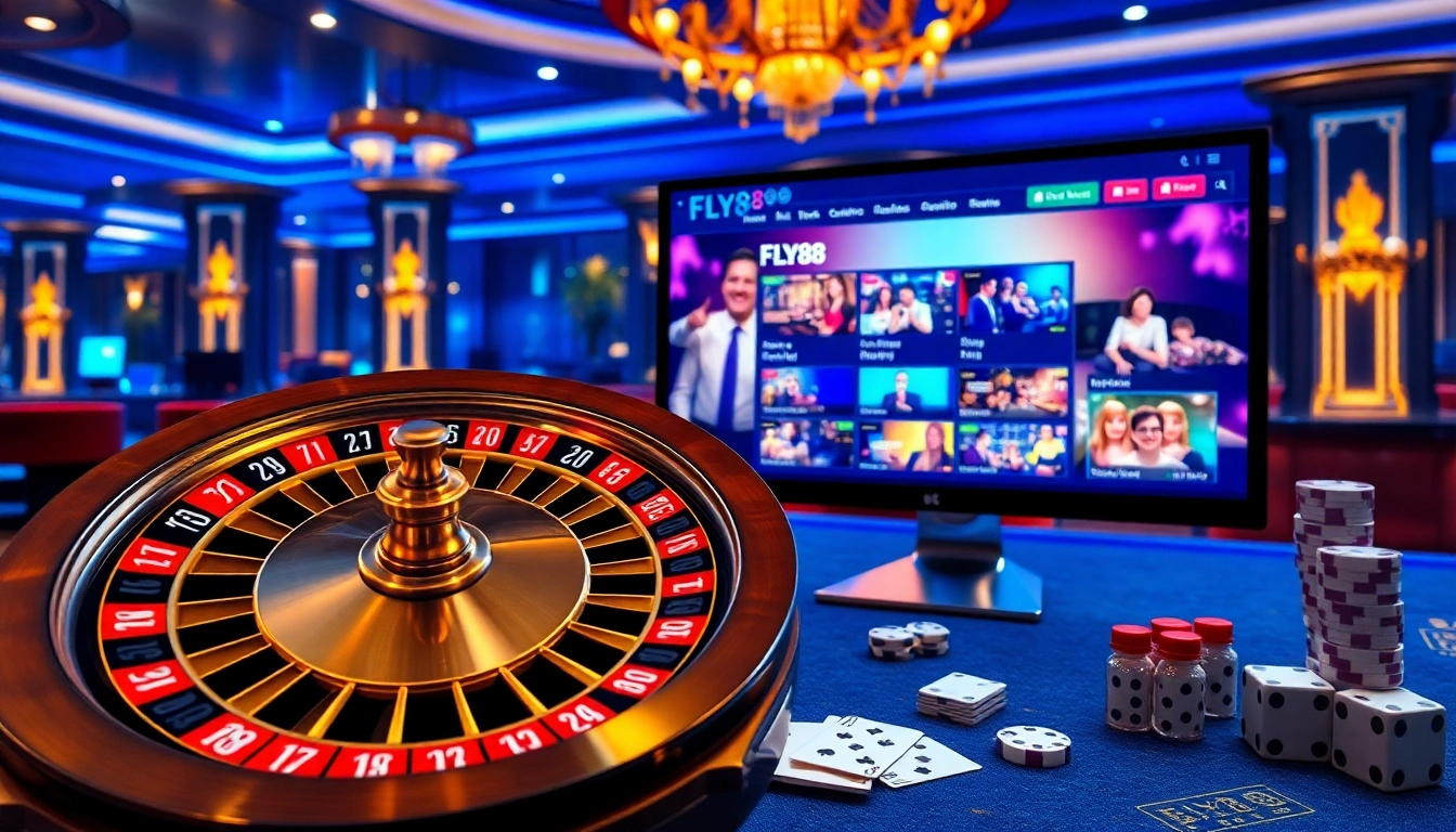 Experience top gambling thrills with FLY88's vibrant casino atmosphere featuring roulette and poker.
