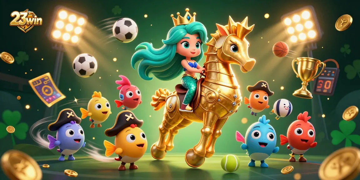 Engage with 23win in this vibrant 3D scene, showcasing thrilling casino gameplay with sparkling treasures.