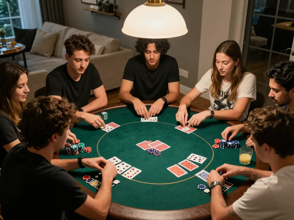 Friends enjoying a casual poker game night at home, showcasing rik vip gaming atmosphere and strategy