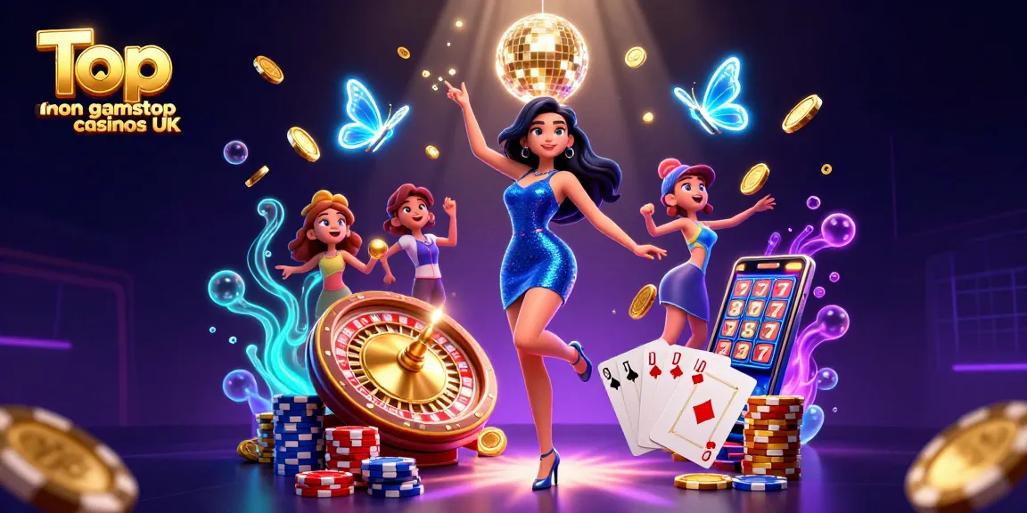 Engage in vibrant gaming action at Top non gamstop casinos UK, featuring a glamorous woman with dynamic casino elements.