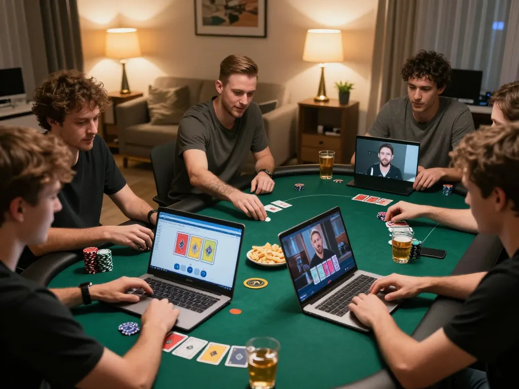 Miso88 players engaging in a virtual poker game at home, showcasing strategic gameplay.