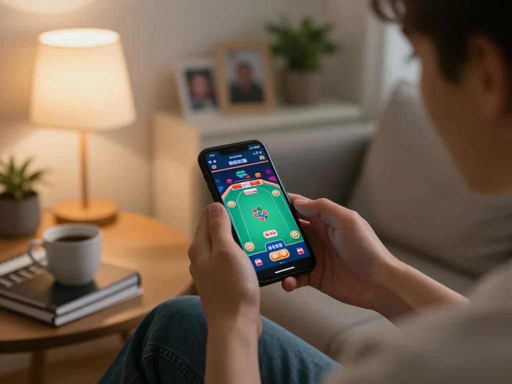 Engaging gameplay as users tải hitclub on their mobile device in a cozy living room.