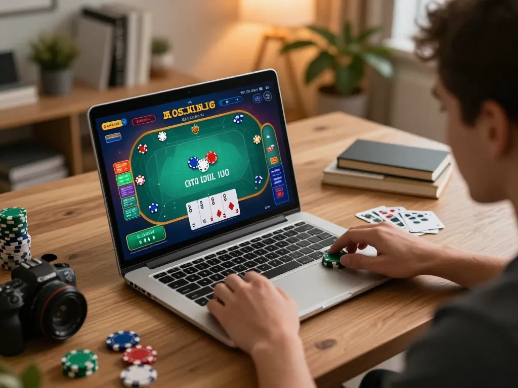 Engaging online poker gameplay on laptop, showcasing strategy and excitement with ok365 gaming interface.