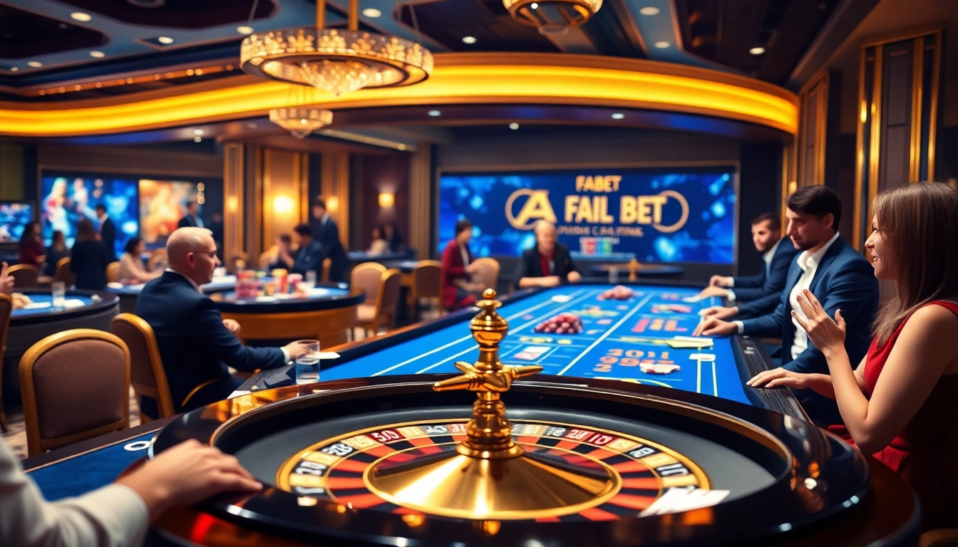 Experience the thrill of FABET with dynamic casino gameplay, showcasing poker chips and vibrant cards.