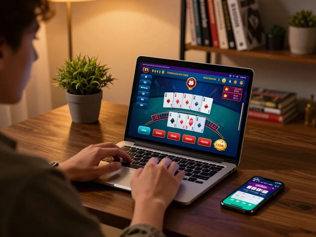 Engaged gamer using man88 online casino for blackjack with laptop and smartphone in a cozy setting.