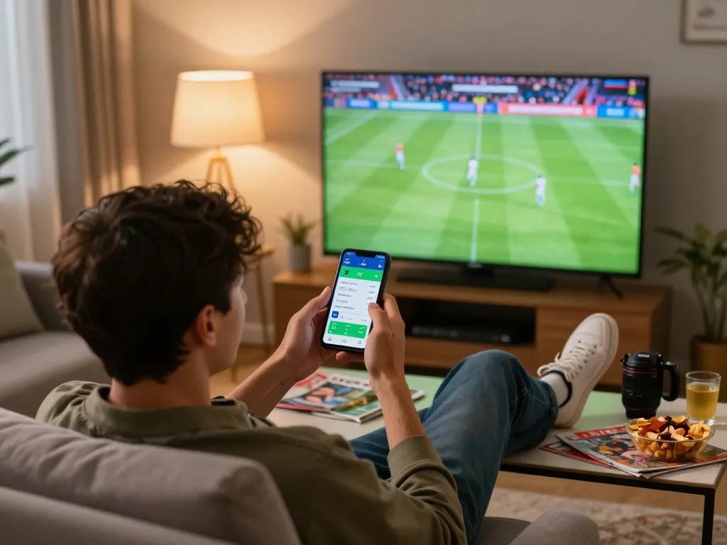 Engaged bettor using smartphone to แทงบอล while watching live football match at home
