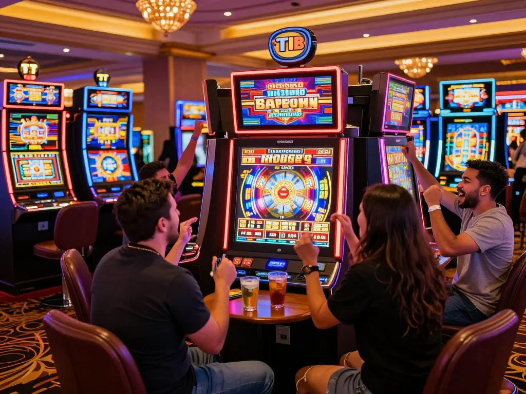Players celebrating wins at colorful slot machines at TT 88 Casino, creating an exciting atmosphere.