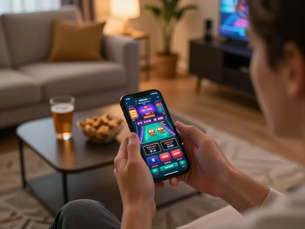 Player enjoying Rikvip app on smartphone at home, showing a lively online casino moment.