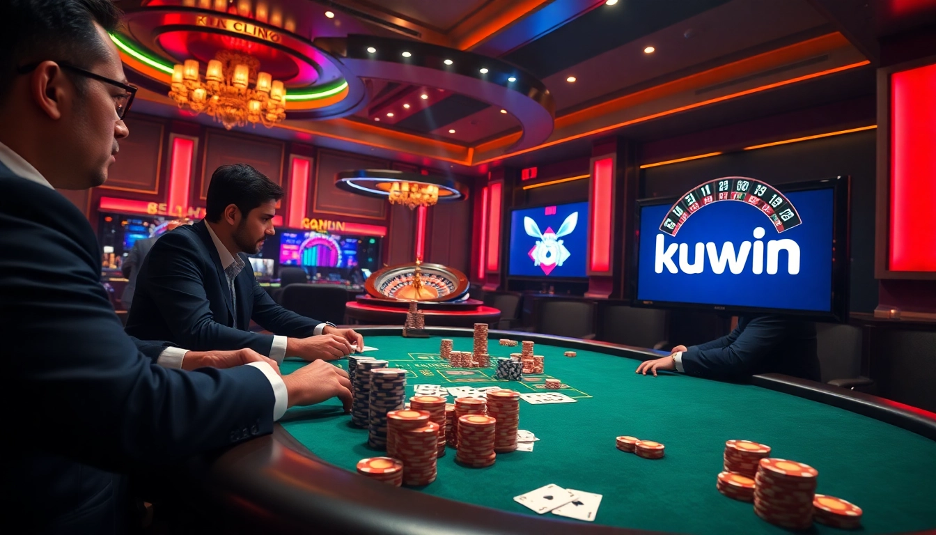 kuwin-inspired scene with excited gamblers at a luxurious casino poker table full of chips and cards.