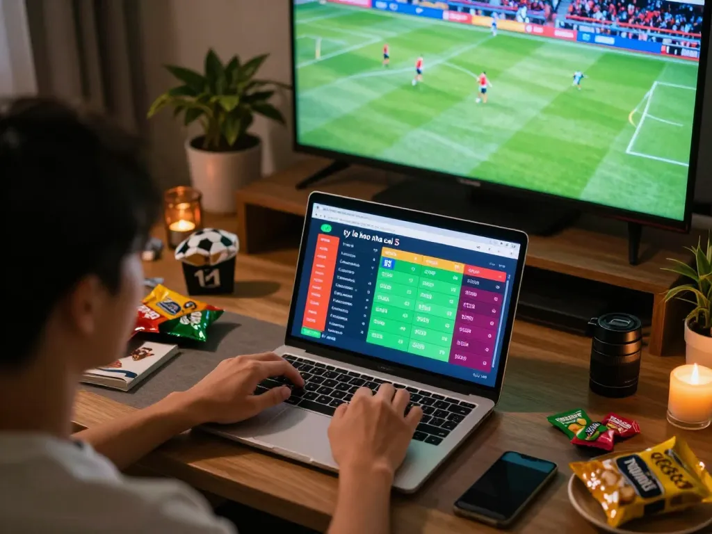 Engaging in sports betting with "ty le keo nha cai 5" displayed on laptop screen, creating a focused atmosphere.