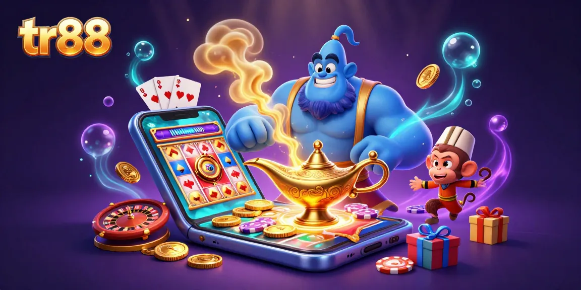 Engage in thrilling action with tr88 while witnessing a magical genie burst from a lamp among casino elements.