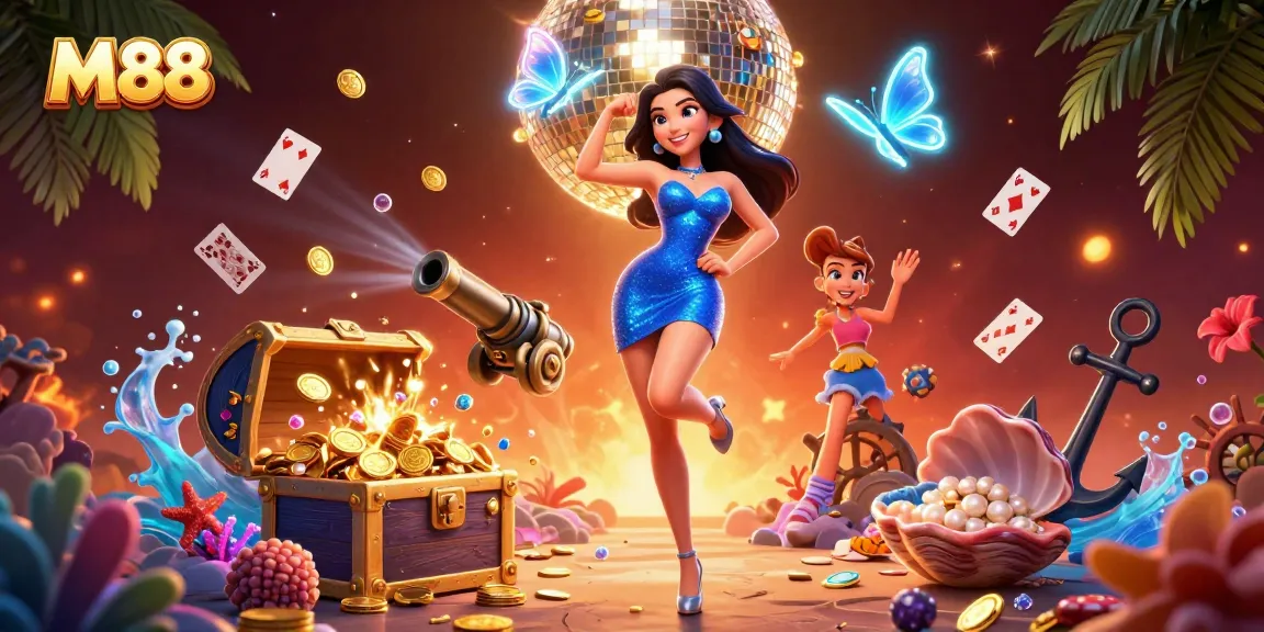 M88's vibrant and dynamic casino scene featuring a glamorous woman in sequin dress surrounded by animated casino elements.