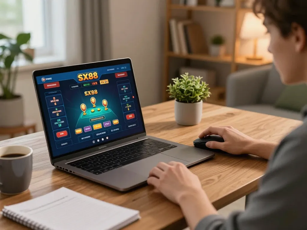 SX88 player engaging with online casino interface in a cozy home gaming setup