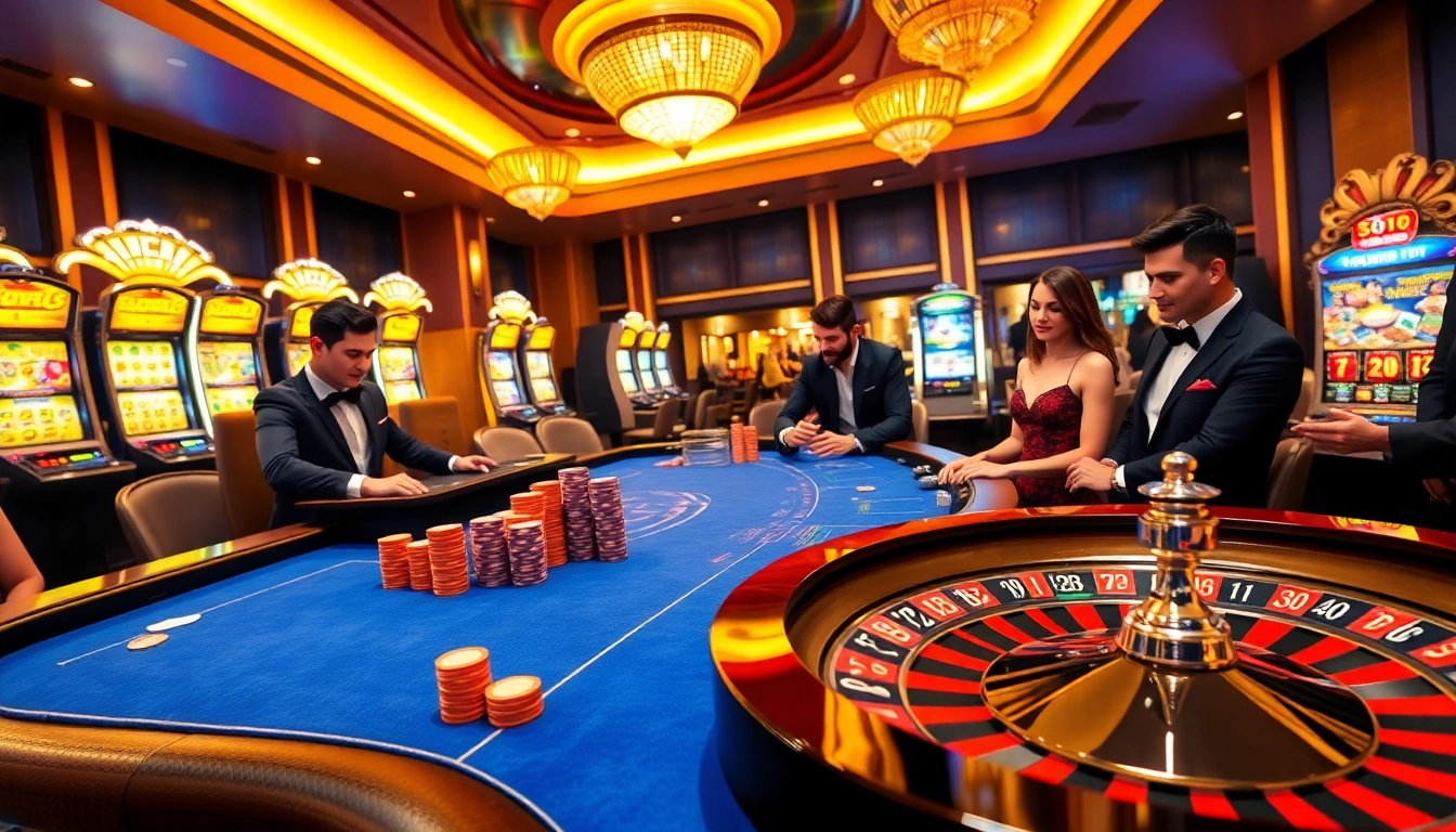 Luckywin gamblers enjoying a vibrant casino scene with colorful slot machines and engaged players at a poker table.