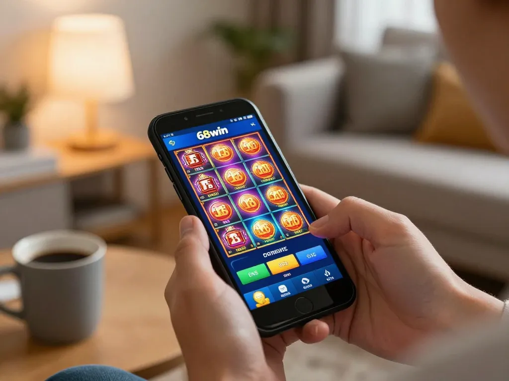 Engaged player using 68win mobile app to spin colorful slots in a cozy home setting.