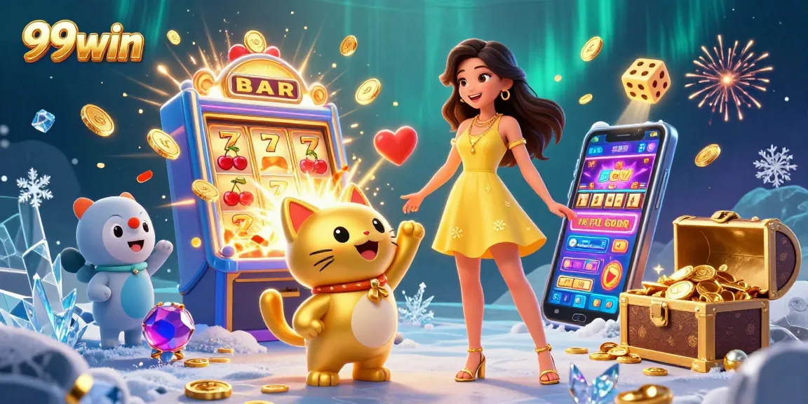 Join the excitement of 99win with a joyful woman and golden lucky cat amidst vibrant casino elements.