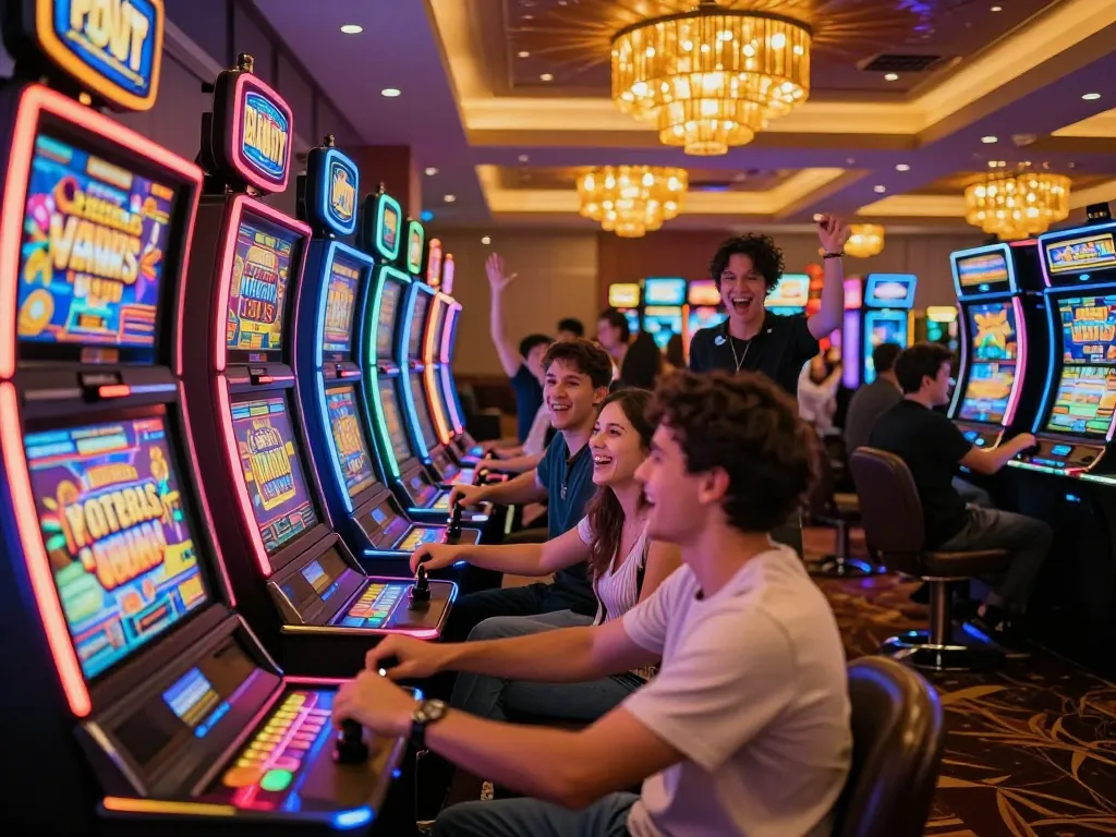 Players enjoying thrilling slot machines at FC88 Casino in a lively gaming environment.