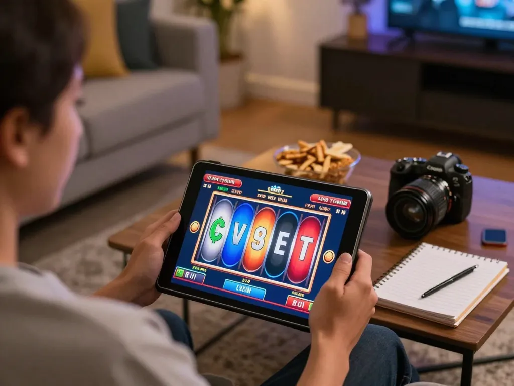 Player enjoying XX88's online slots in a cozy home setting, showcasing engaging gameplay.