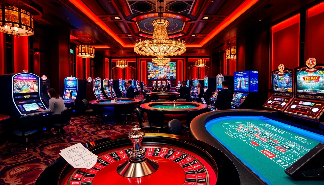 Exciting casino scene at https://bem88v.com/ featuring roulette, slot machines, and poker games.