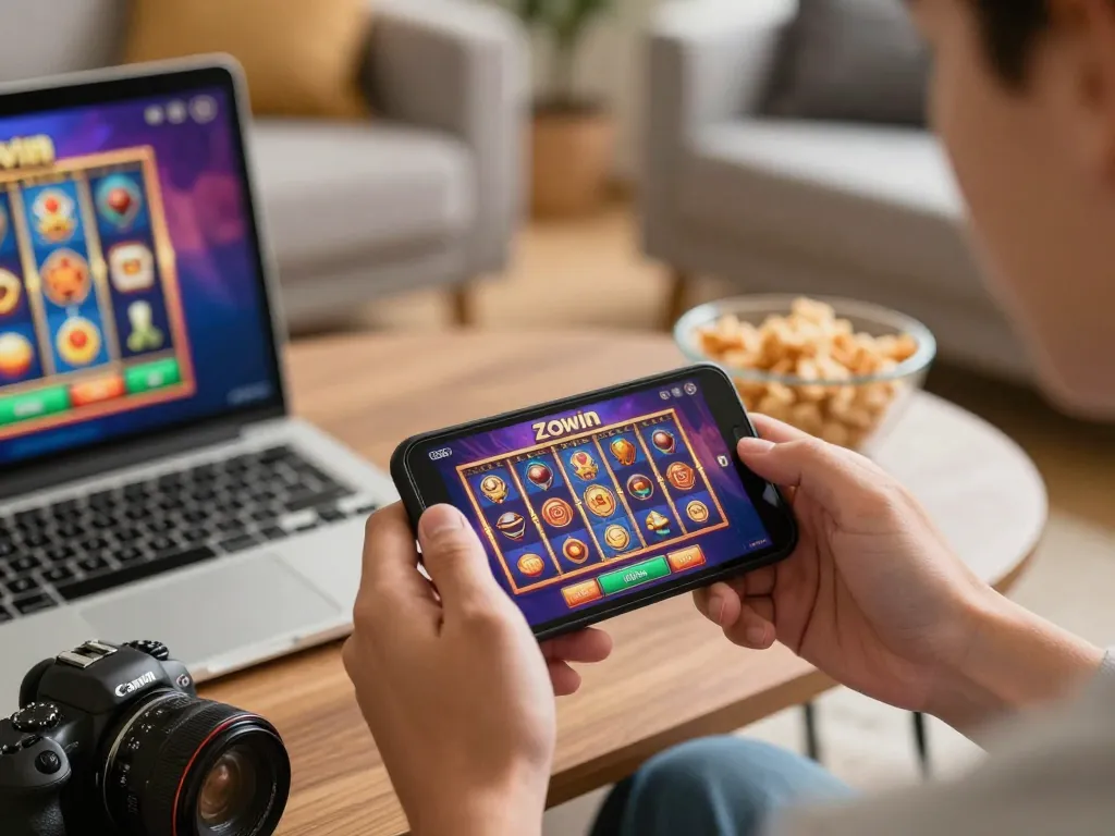Zowin online casino player using smartphone for exciting gameplay in a cozy home setting.