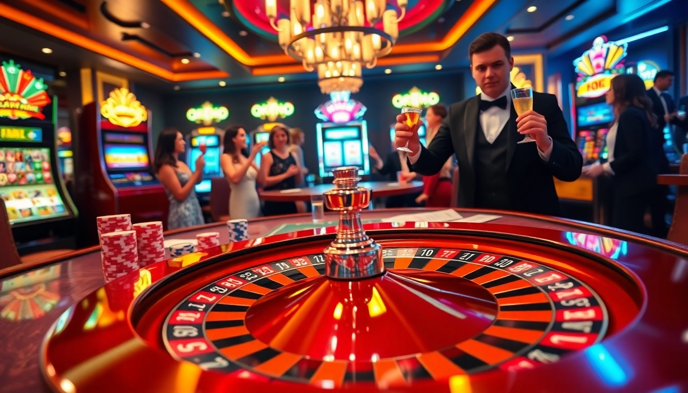 Experience thrilling gameplay on okfun com with a vibrant casino scene featuring roulette and poker elements.