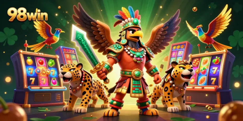 Experience the thrill of excitement with 98win's vibrant 3D casino illustration showcasing Aztec warriors and slot machine reels.