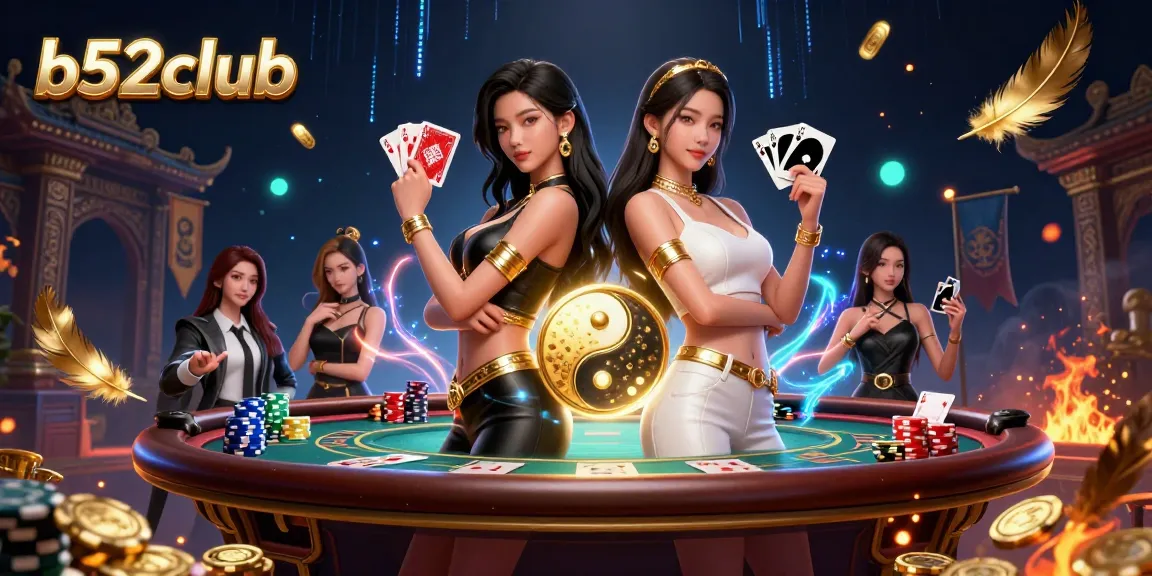 B52Club's stunning twin Asian women showcase their poker skills with energetic flair.