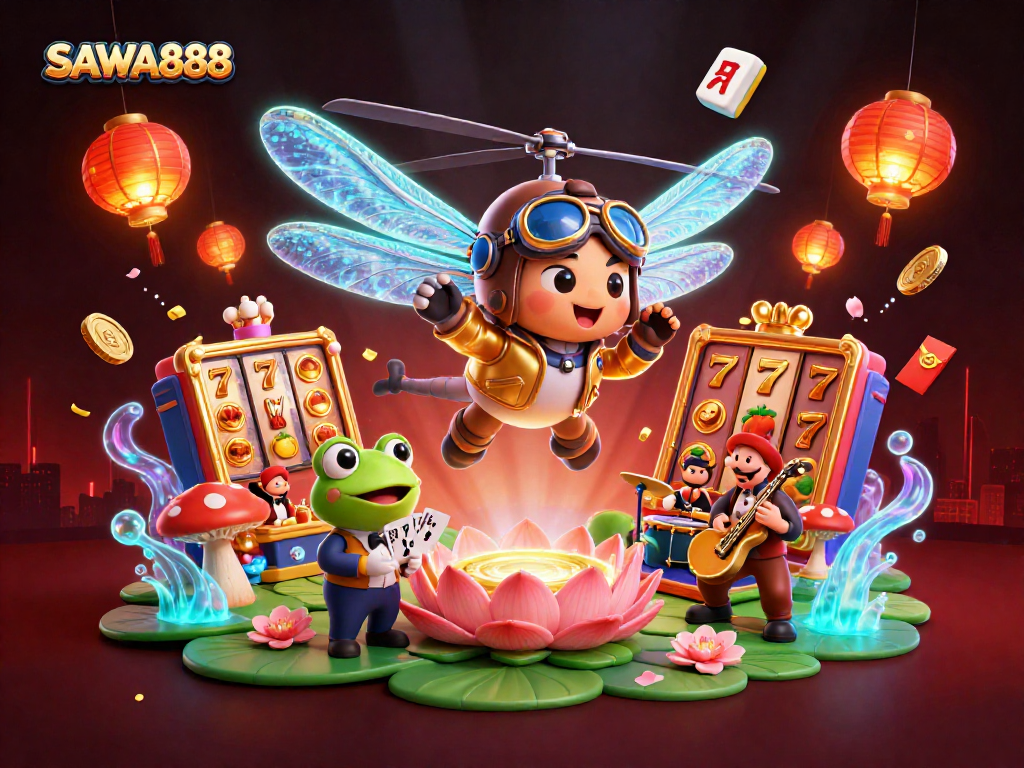 SAWA888 showcases a vibrant casino environment with a dragonfly pilot and frog croupier in action.