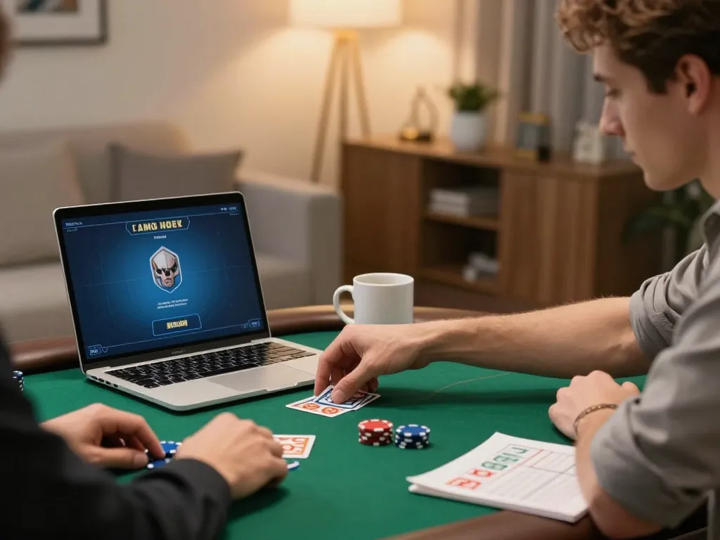 Play poker online with 89bet in a cozy home gaming setup, showcasing strategy and focus.
