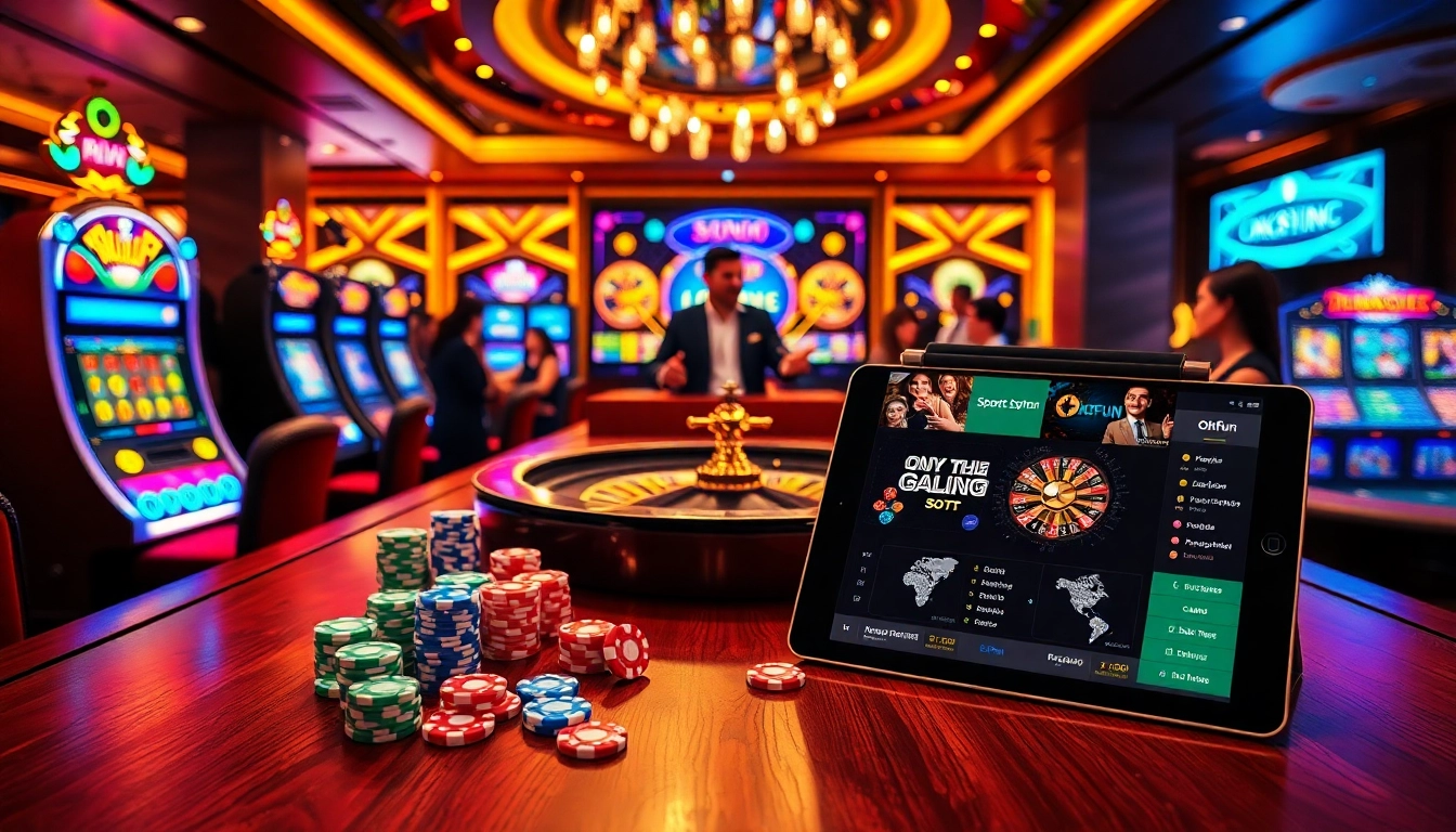 Experience high-stakes gambling action at Okfun with vibrant casino tables and slot machines.