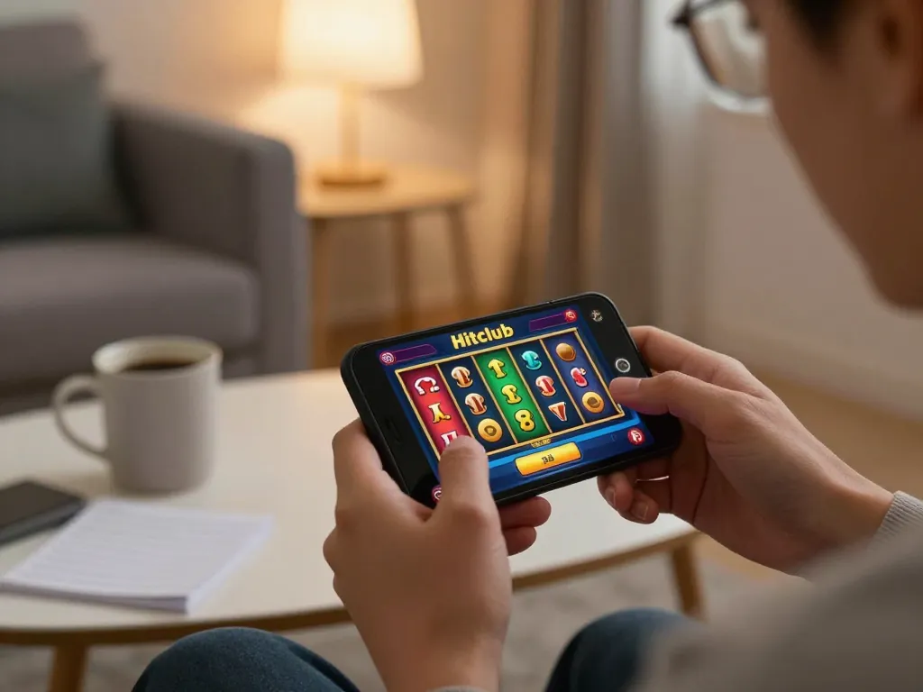 Player engaging with the Hitclub app on their smartphone for an immersive gaming experience.